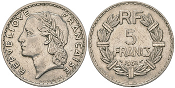Франция 5 франков 1933 KM 888, Le Franc 336 никель 4607-843