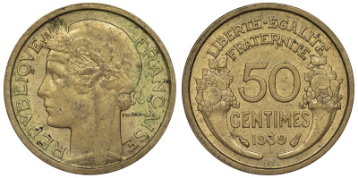 Франция 50 сантимов 1939 тип Morlon KM 894.1, Le Franc 192.15 алюминиевая бронза 4124-351