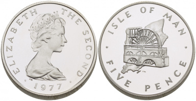 ОСТРОВ МЭН 5 ПЕНСОВ 1977 ТИРАЖ 10000 ЭКЗ. КМ 35.1a серебро PROOF 650-514