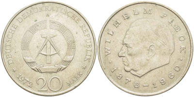 ГДР 20 марок 1972 А, Вильгельм Пик (1876-1960) KM 42 медно-никель 4521-436