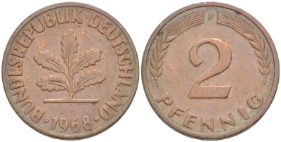 ФРГ 2 ПФЕННИГА 1968 F KM 106а, J. 381а сталь плакированная сталь плакированная медьюю 4181-753