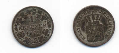 Бавария 1 крейцер 1871 Людвиг II (1864-1886) KM 487 серебро 71-1535