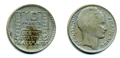 Франция 10 франков 1930 Пьер Тюрен KM 878, Le Franc 360.3 серебро 37-343