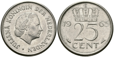 НИДЕРЛАНДЫ 25 ЦЕНТОВ 1963 ЮЛИАНА KM 183 никель 96-155
