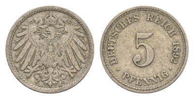 Германия 5 пфеннигов 1892 A, Вильгельм II (1888-1918) KM 11, J. 12 медно-никель 4639-1258