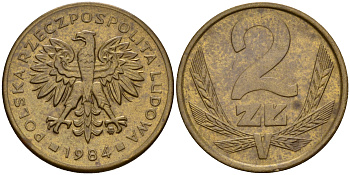Польша 2 злотых 1984 MW KM 80.1 латунь    4161-1054