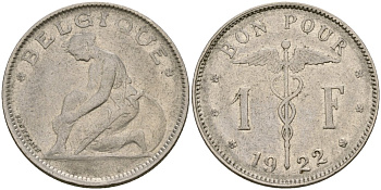 Бельгия 1 франк 1922 BELGIQUE KM 90 никель 73-1041