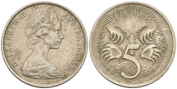 АВСТРАЛИЯ 5 ЦЕНТОВ 1973 ЕЛИЗАВЕТА II, МОЛОДОЙ ПОРТРЕТ, ЕХИДНА KM 64 медно-никель 100-1218