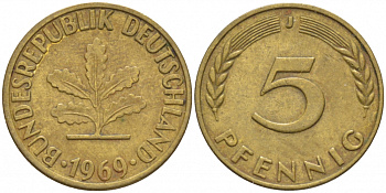 ФРГ 5 ПФЕННИГОВ 1969 J KM 107, J. 382 сталь плакированная латунью 4396-1633