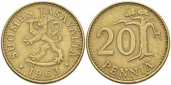ФИНЛЯНДИЯ 20 ПЕННИ 1963 S ПЕРВЫЙ ГОД KM 47 алюминиевая бронза 3718-1156
