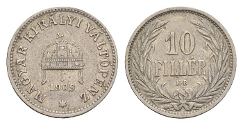 Венгрия 10 филлеров 1909 KB, Франц Иосиф (1848-1916) KM 482 никель 4651-1036