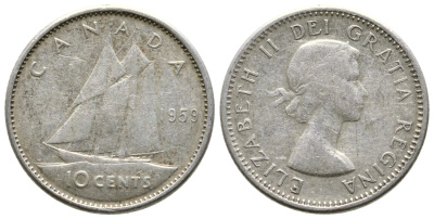 Канада 10 центов 1959 ПАРУСНИК, ЕЛИЗАВЕТА II KM 51 серебро 179-1069