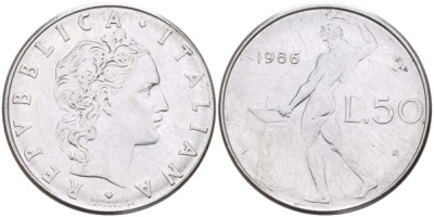 ИТАЛИЯ 50 ЛИР 1986 R, КУЗНЕЦ, ВУЛКАН БОГ ОГНЯ, ДИАМЕТР 25 ММ. KM 95.1 нержавеющая сталь 98-714