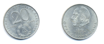 ГДР 20 марок 1973 А, Отто Гротеволь (1894-1964) KM 47 медно-никель 3333-443