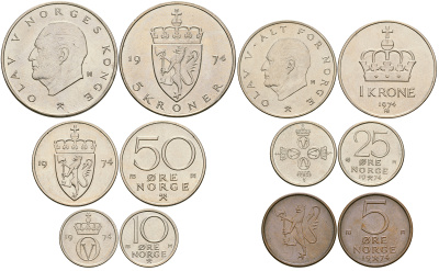 Норвегия набор из 6 монет 1974 5, 10, 25, 50 эре, 1, 5 крон, тираж 29695 экз. KM MS23 (KM 415-420) UNC 3-4-3-15