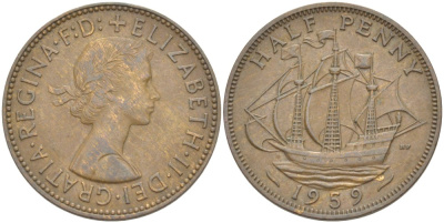 Великобритания 1/2 пенни 1959 Елизавета II (1952-2022) KM 896, Spink 4158 бронза 4544-121