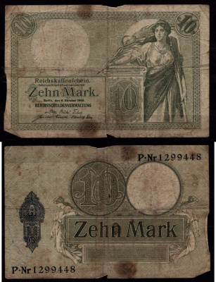 Германия 10 марок 1906 Женщина,аллегорические женщины Pick 9 b бумага 7547-63-3-2