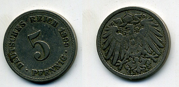 ГЕРМАНИЯ 5 ПФЕННИГОВ 1899 A, KM 11, J. 12 медно-никель 58-526