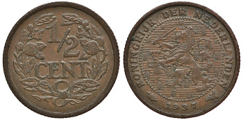 НИДЕРЛАНДЫ 1/2 ЦЕНТА 1937 ВИЛЬГЕЛЬМИНА I (1890-1948) KM 138 бронза 4381-653
