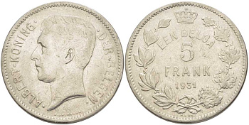 БЕЛЬГИЯ 5 ФРАНКОВ 1931 АЛЬБЕРТ I, DER BELGEN KM 98 никель 3851-331