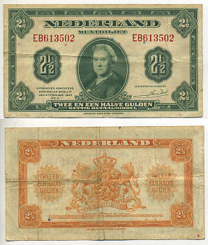 НИДЕРЛАНДЫ 2 1/2 ГУЛЬДЕНА 1943 ВИЛЬГЕЛЬМИНА, ЗЕЛЕНАЯ 4 ФЕВРАЛЯ 1943 Pick 65 бумага 7553-25-3