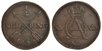 Швеция 1/4 скиллинга 1802 Густав IV Адольф (1792-1809) KM 564 медь 60-316