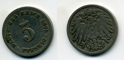 ГЕРМАНИЯ 5 ПФЕННИГОВ 1899 A, KM 11, J. 12 медно-никель 58-526