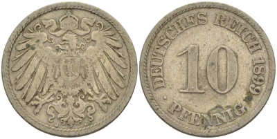 ГЕРМАНИЯ 10 ПФЕННИГОВ 1899 J KM 12, J. 13 медно-никель 4401-1056