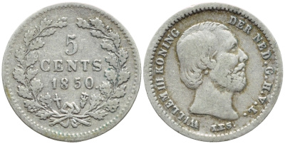 Нидерланды 5 центов 1850 Виллем III (1849-1890), точка после даты KM 91 серебро 4396-247