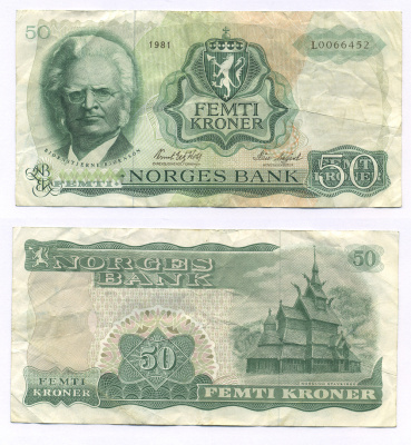 НОРВЕГИЯ 50 КРОН 1981 СЕРИЯ L Pick 37d бумага 7547-74-3
