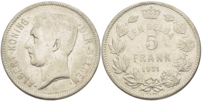 БЕЛЬГИЯ 5 ФРАНКОВ 1931 АЛЬБЕРТ I, DER BELGEN KM 98 никель 3851-331