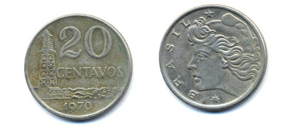 Бразилия 20 сентаво 1970 голова Свободы влево KM 579.2, Schon 84a медно-никель 51-4635