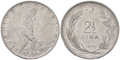 Турция 2 1/2 лиры 1977 KM 893.2 нержавеющая сталь aUNC 117-1137