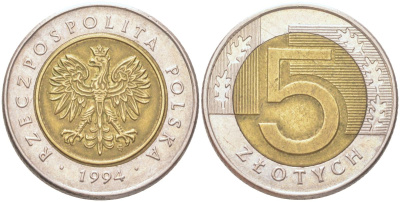 Польша 5 злотых 1994 Y 284 биметалл aUNC 4122-716