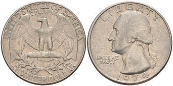 США 25 центов (квотер) 1974 Вашингтон KM 164a медь плакированная медно-никелем 4114-813