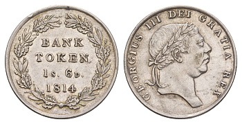 Великобритания, Сомерсет, Бристоль 1 шиллинг 6 пенсов 1814 Георг III (1760-1820), банковский токен KM Tn3, Spink 3772 серебро 00-801-46
