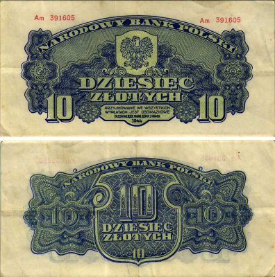 ПОЛЬША 10 ЗЛОТЫХ 1944 ПЕРВЫЙ НАЦИОНАЛЬНЫЙ ВЫПУСК ПОСЛЕ ВТОРОЙ МИРОВОЙ ВОЙНЫ, СЕРИЯ Am 391605, OBOWAZKOWE Pick 111a бумага VF-XF 7487-38-2
