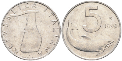 Италия 5 лир 1998 R, дельфин KM 92 алюминий  UNC  4594-963