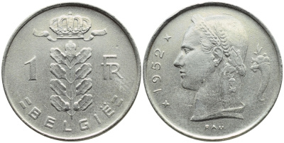 Бельгия 1 франк 1952 Belgie, Бодуэн I (1951-1993) KM 143.1 медно-никель 4390-1237