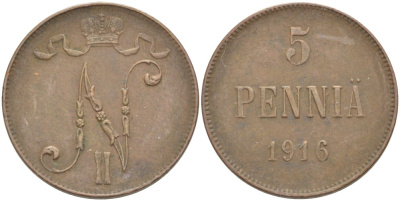 РОССИЯ ДЛЯ ФИНЛЯНДИИ 5 ПЕННИ 1916 НИКОЛАЙ II (1894-1917) KM 15, Биткин 456 медь 4539-251