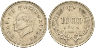 Турция 1000 лир 1991 Кемаль Ататюрк KM 997 медь никель цинк 108-1042