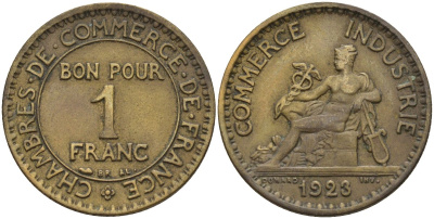 Франция 1 франк 1923 KM 876, Le Franc 218.5 алюминиевая бронза 4142-731