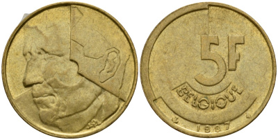 Бельгия 5 франков 1987 Belgique, Бодуэн I (1951-1993) KM 163 алюминиевая бронза 4601-157