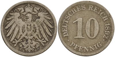 Германия 10 пфеннигов 1891 E J. 13,  KM 12 медно-никель    4603-515