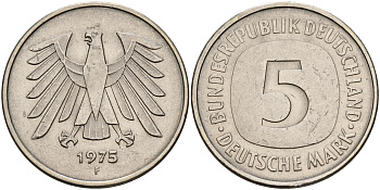 ФРГ 5 марок 1975 F, монетный двор Штутгарт КМ 140.1, J. 415 медно-никель плакированный никелем   4149-521