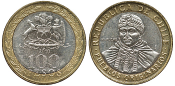 Чили 100 песо 2010 индейцы Мапуче KM 236 биметалл 72-122