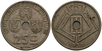 Бельгия 25 сантимов 1938 Belgie - Belgique KM 115 никель латунь 4583-634