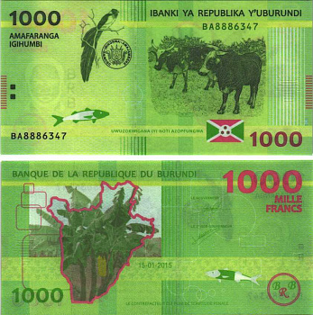 Бурунди 1000 франков 2015 15 января 2015, Бурунди на карте, пальмы, рыбы, птица, корова, флаг Pick 51 бумага UNC (пресс) 448-10-2