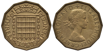 Великобритания 3 пенса 1960 Елизавета II (1952-2022) KM 900, Spink 4153 никель латунь 4538-1127