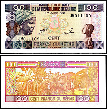 Гвинея 100 франков 1998 Pick 35 a (2) бумага UNC (пресс) 6281-7-3-2